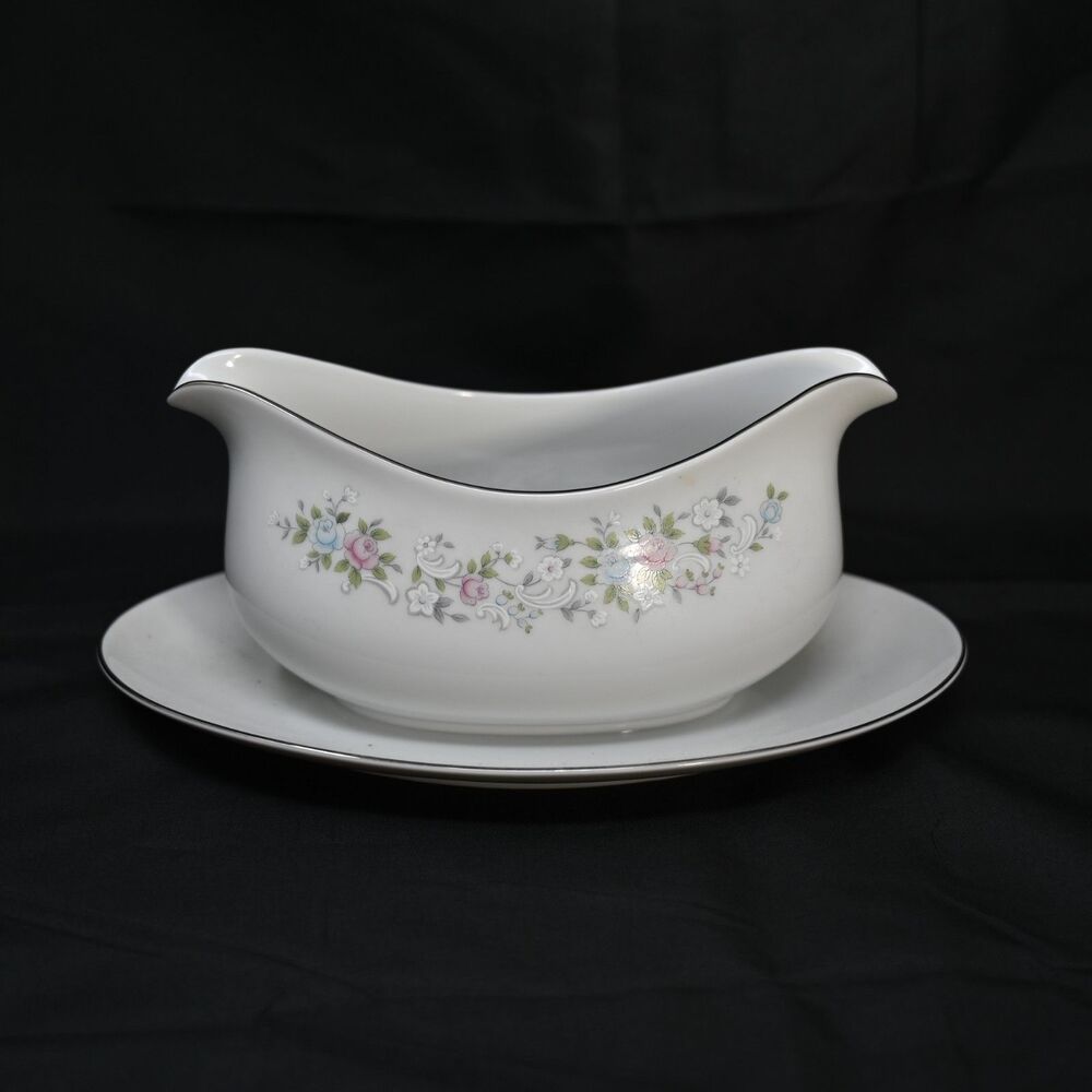 Vintage Carlton Corsage 481 Japan Gravy Boat Underplate Floral Platinum